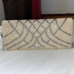 NWT Nina ivory satin clutch with beading and long strap